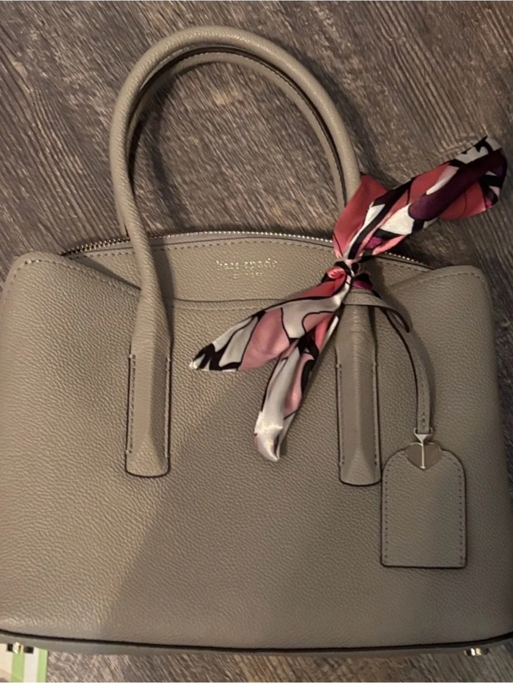Kate Spade Taupe Leather Satchel with Pink Scarf Accent **small flaw-see pic**